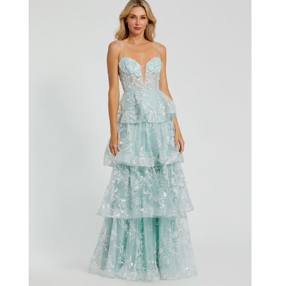 Mac Duggal Spaghetti Strap Applique Tiered Ruffle Gown in Mint - Picture 2 of 10